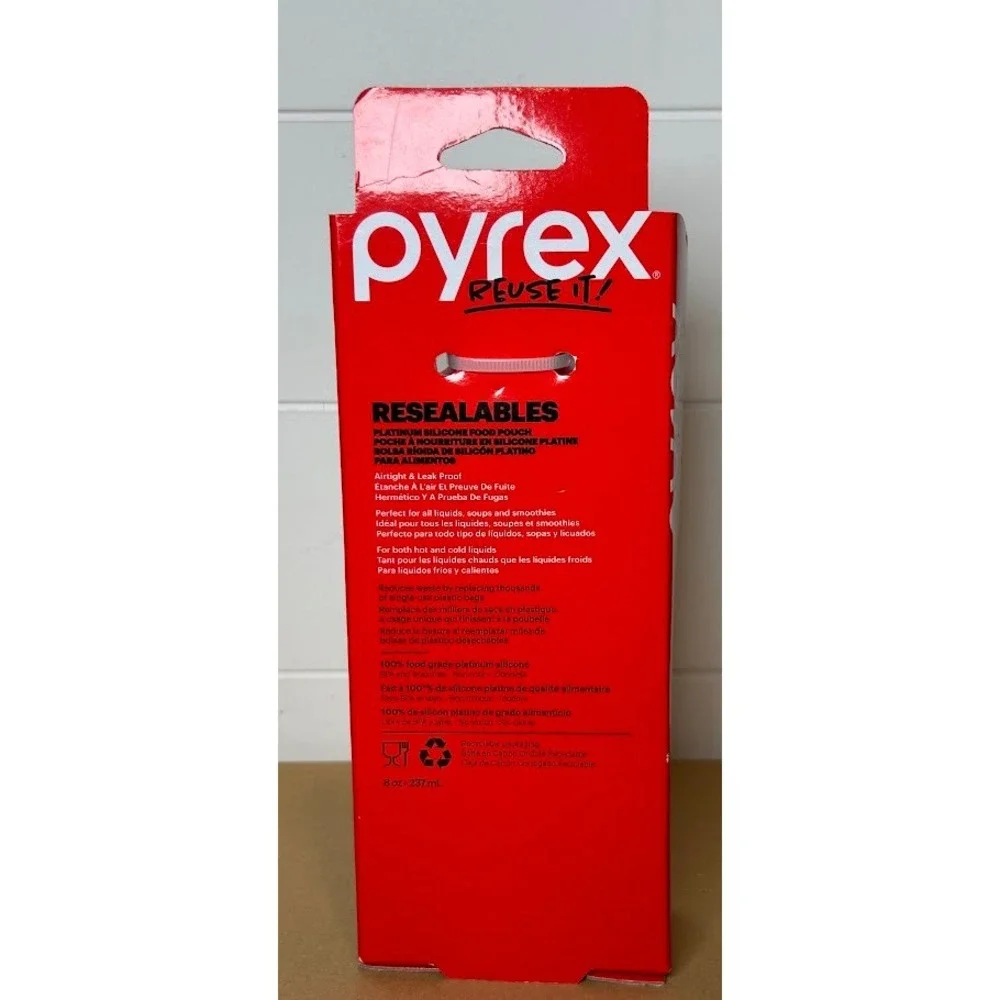 Pyrex Reuse It Platinum Silicone Resealable Food Pouch 8oz Red Medium 1142986